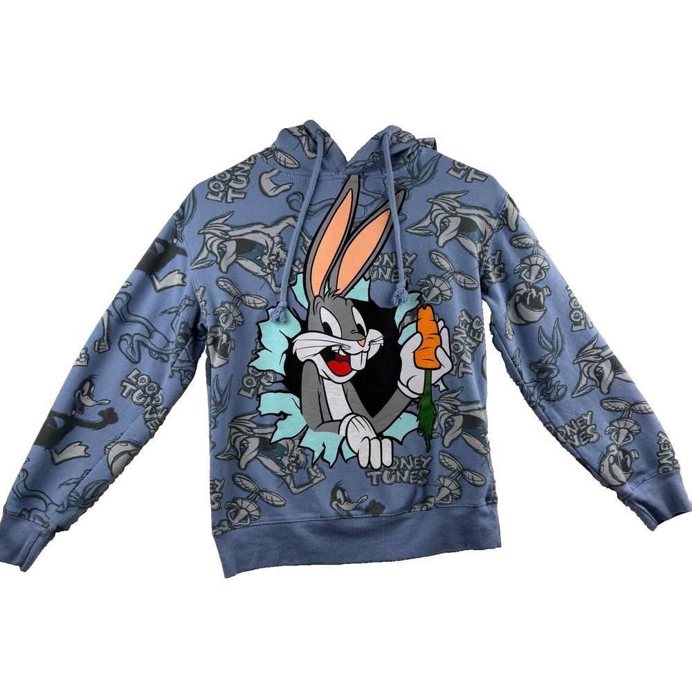 Looney Tunes Womens XS Blue Bugs Bunny All Over Print Graphic Hoodie Flaw